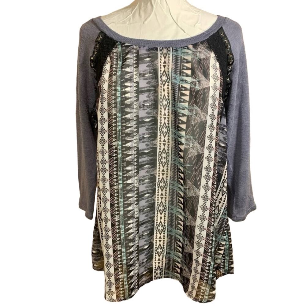 Vanity Tribal Top Knit Sleeve Tunic SZ L Sequin Sheer Western Cowgirl Lace Trim